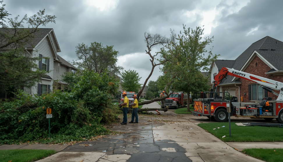 Storm-damaged tree fallen near a Fort Worth home, showing the need for emergency tree removal after severe weather.